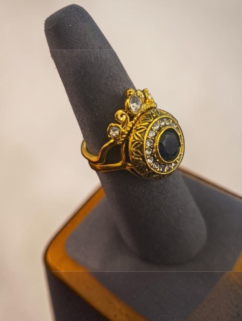 Nwt Sassified Gold-Tone Cocktail Ring with Blue Center and Clear Rhinestones - Picture 2 of 3